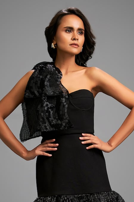 Shop_Deepika Arora_Black Roma Asymmetric, One Shoulder Designer Top And Skirt Set _Online_at_Aza_Fashions