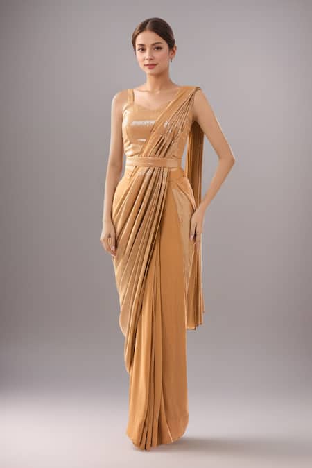 Samyukta Singhania Brown Chinnon Pre-Draped Saree Set 