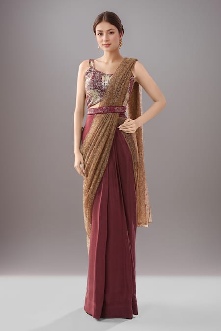 Samyukta Singhania Maroon Chinnon Pre-Draped Saree Set 