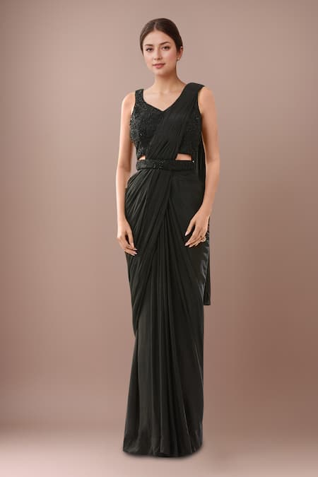 Samyukta Singhania Black Embroidered Blouse & Pre-Draped Saree 