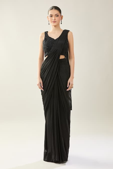 Samyukta Singhania_Black Chiffon Embroidery V-neck Blouse And Pre-draped Saree _at_Aza_Fashions