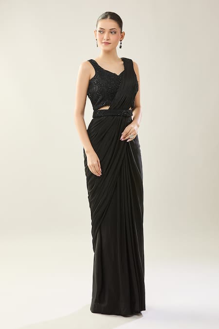 Buy_Samyukta Singhania_Black Chiffon Embroidery V-neck Blouse And Pre-draped Saree 
