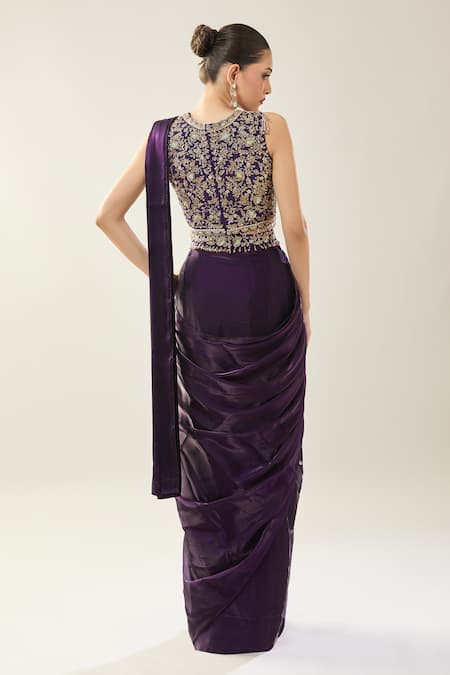 Samyukta Singhania Embroidered Purple Pre-Draped Saree Set 