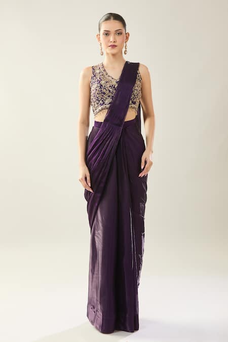 Shop_Samyukta Singhania_Purple Chinon Embroidery V-neck Pre-draped Saree Set _Online_at_Aza_Fashions