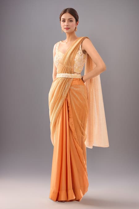Samyukta Singhania Peach Embroidered Blouse with Draped Saree 