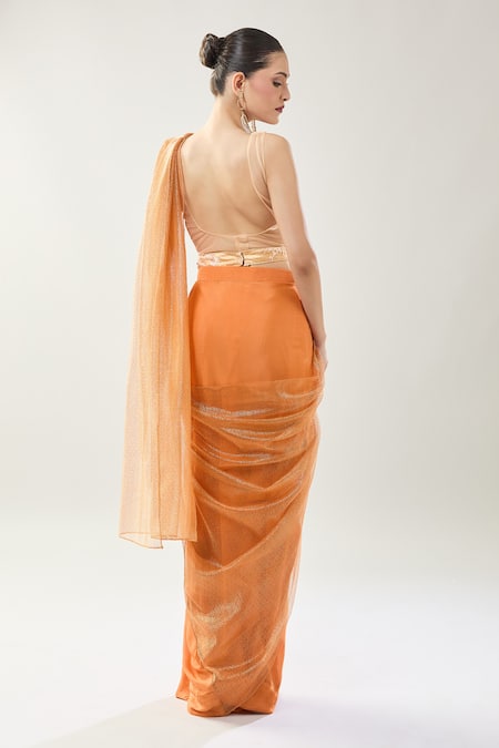 Samyukta Singhania Peach Embroidered Blouse with Draped Saree 