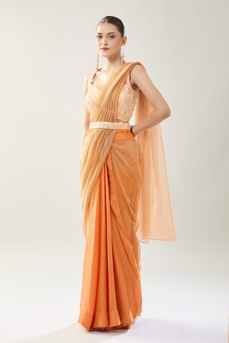 Shop_Samyukta Singhania_Peach Net Embroidery Sweetheart Neck Blouse With Draped Saree _Online_at_Aza_Fashions