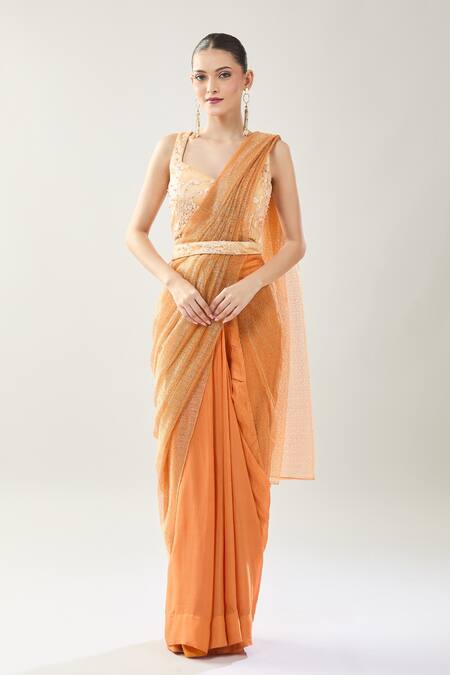 Samyukta Singhania_Peach Net Embroidery Sweetheart Neck Blouse With Draped Saree _at_Aza_Fashions