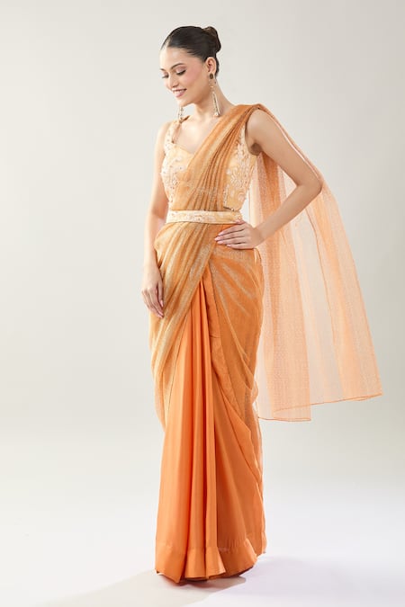 Buy_Samyukta Singhania_Peach Net Embroidery Sweetheart Neck Blouse With Draped Saree 