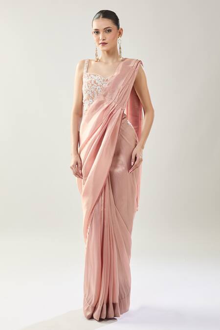 Buy Samyukta Singhania Pink Crepe Embroidery Sweetheart Neck Pre-draped Saree Set Buy_Samyukta Singhania_Pink Crepe Embroidery Sweetheart Neck Pre-draped Saree Set