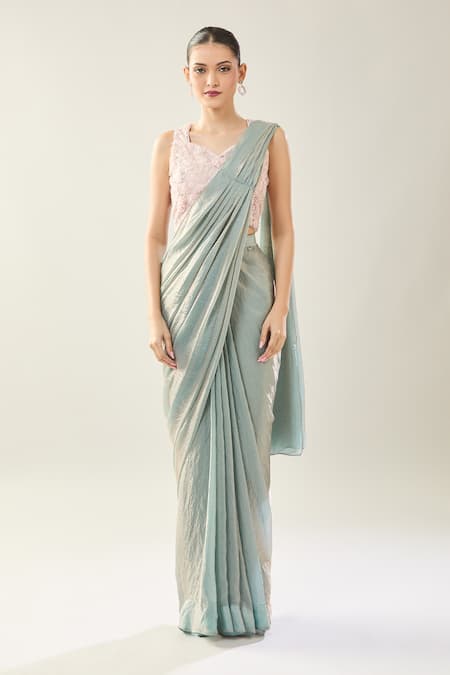 Buy_Samyukta Singhania_Blue Embroidery Sweetheart Neck Pre-draped Saree And Pink Blouse Set _Online_at_Aza_Fashions