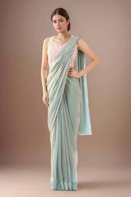 Samyukta Singhania Blue Pre-Draped Saree & Pink Blouse Set 