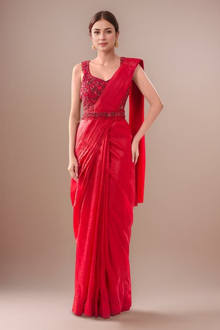 Samyukta Singhania Red Embroidered Pre-Draped Saree Set 
