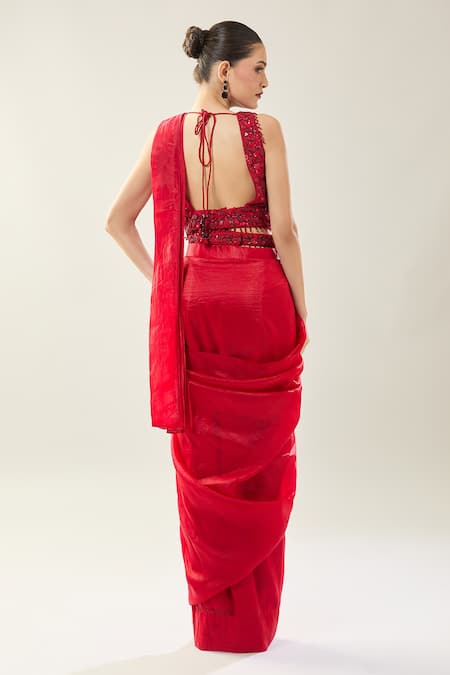 Shop Samyukta Singhania Red Chinon Embroidery Scoop Neck Pre-draped Saree Set at Aza Fashions Shop_Samyukta Singhania_Red Chinon Embroidery Scoop Neck Pre-draped Saree Set _at_Aza_Fashions