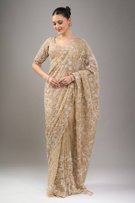 Kalighata_Gold Sequins, Embroidery V-neck Midaas Saree Set _Online_at_Aza_Fashions