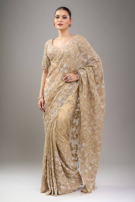 Buy_Kalighata_Gold Sequins, Embroidery V-neck Midaas Saree Set _Online_at_Aza_Fashions