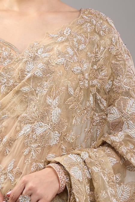 Shop_Kalighata_Gold Sequins, Embroidery V-neck Midaas Saree Set _Online_at_Aza_Fashions