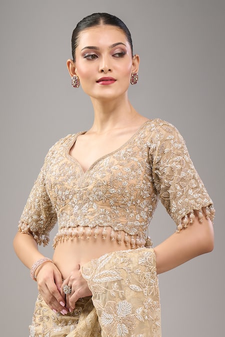 Kalighata_Gold Sequins, Embroidery V-neck Midaas Saree Set _at_Aza_Fashions