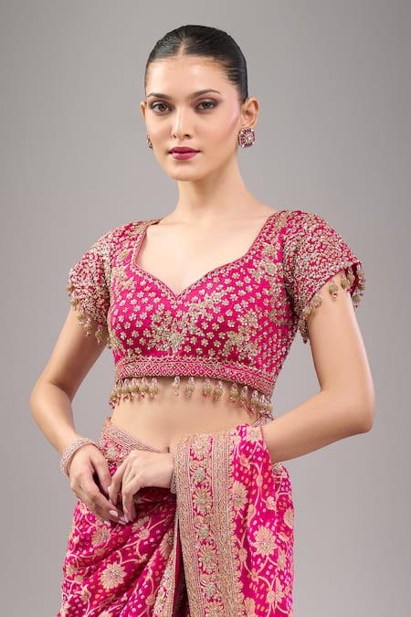 Kalighata_Pink Tassels, Beads V-neck Rani Bandhej Saree Set _Online_at_Aza_Fashions