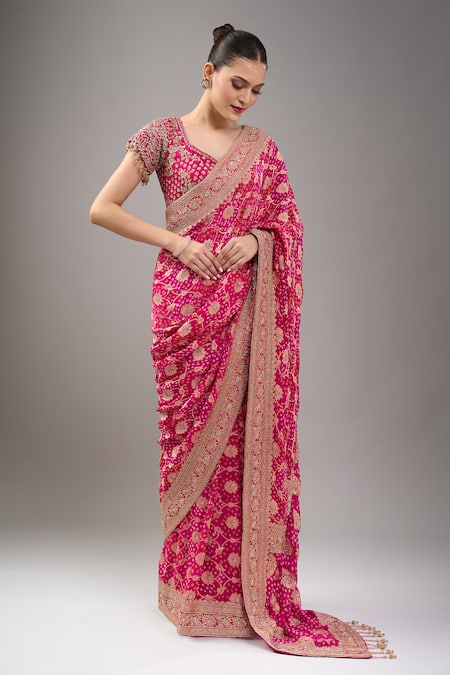 Buy_Kalighata_Pink Tassels, Beads V-neck Rani Bandhej Saree Set _Online_at_Aza_Fashions
