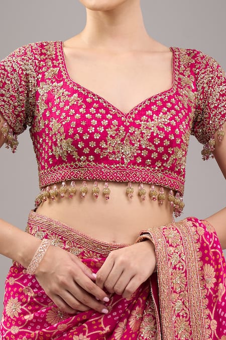 Shop_Kalighata_Pink Tassels, Beads V-neck Rani Bandhej Saree Set _Online_at_Aza_Fashions