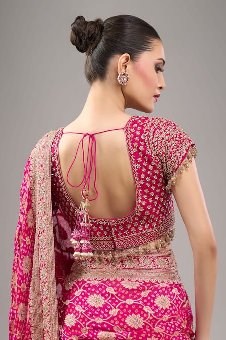 Buy_Kalighata_Pink Tassels, Beads V-neck Rani Bandhej Saree Set 