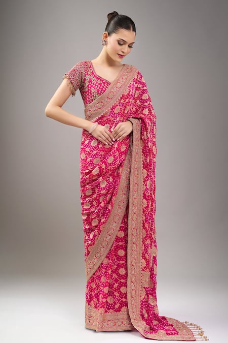 Kalighata_Pink Zari, Embroidery, Beads V-neck Rani Bandhej Saree With Blouse _Online_at_Aza_Fashions