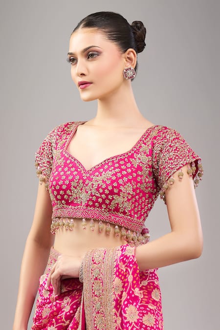 Buy_Kalighata_Pink Zari, Embroidery, Beads V-neck Rani Bandhej Saree With Blouse _Online_at_Aza_Fashions