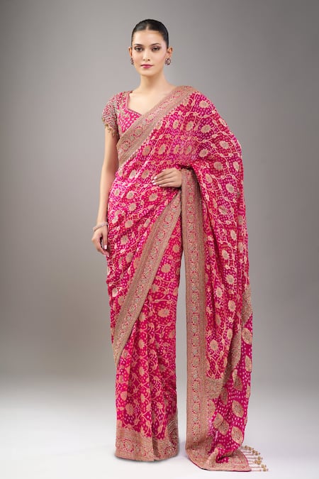 Shop_Kalighata_Pink Zari, Embroidery, Beads V-neck Rani Bandhej Saree With Blouse _Online_at_Aza_Fashions