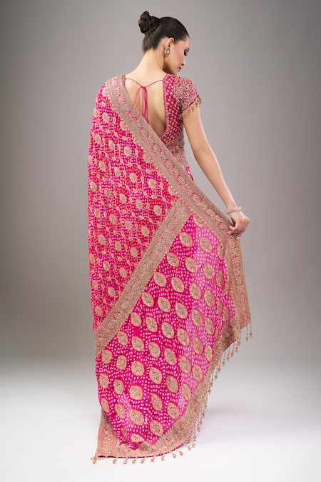 Kalighata Rani Pink Bandhej Saree with Blouse 