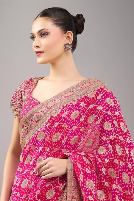 Kalighata_Pink Zari, Embroidery, Beads V-neck Rani Bandhej Saree With Blouse _at_Aza_Fashions