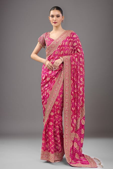 Kalighata Pink Zari, Embroidery, Beads V-neck Rani Bandhej Saree With Blouse 