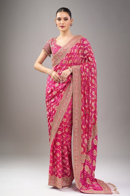 Buy_Kalighata_Pink Zari, Embroidery, Beads V-neck Rani Bandhej Saree With Blouse 