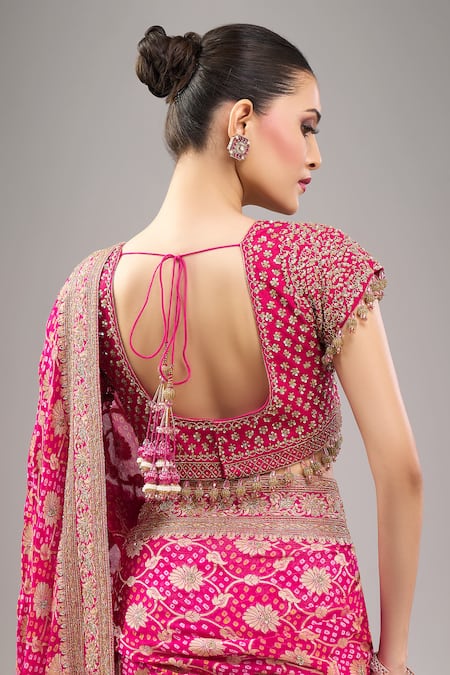 Shop_Kalighata_Pink Zari, Embroidery, Beads V-neck Rani Bandhej Saree With Blouse 