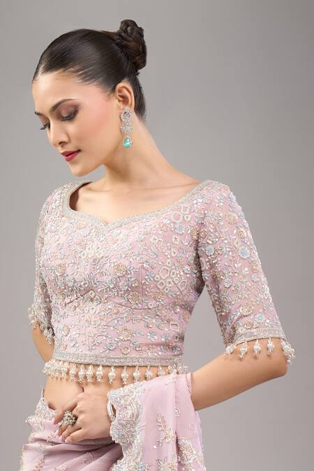 Kalighata_Purple Beads Round Neck Lilac Marbella Saree Set _Online_at_Aza_Fashions