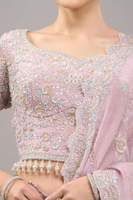 Buy_Kalighata_Purple Beads Round Neck Lilac Marbella Saree Set _Online_at_Aza_Fashions