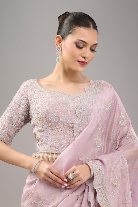 Shop_Kalighata_Purple Beads Round Neck Lilac Marbella Saree Set _Online_at_Aza_Fashions