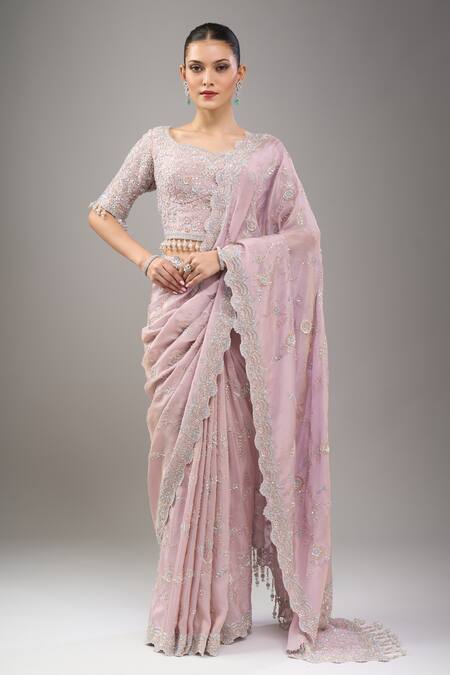 Kalighata_Purple Beads Round Neck Lilac Marbella Saree Set _at_Aza_Fashions