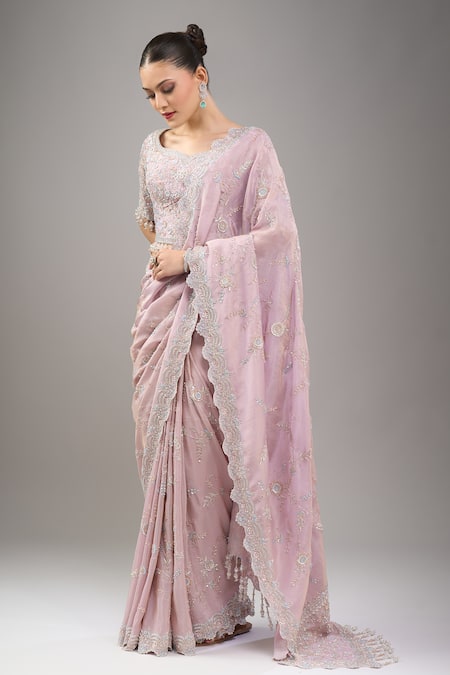 Buy_Kalighata_Purple Beads Round Neck Lilac Marbella Saree Set 