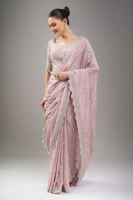 Shop_Kalighata_Purple Beads Round Neck Lilac Marbella Saree Set 