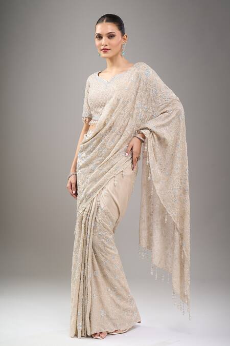 Buy_Kalighata_Gold Sequins, Tassels, Beads, Embroidery V-neck Lexis Saree Set _Online_at_Aza_Fashions