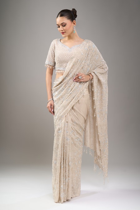 Shop_Kalighata_Gold Sequins, Tassels, Beads, Embroidery V-neck Lexis Saree Set _Online_at_Aza_Fashions
