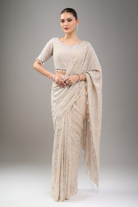 Kalighata_Gold Sequins, Tassels, Beads, Embroidery V-neck Lexis Saree Set _at_Aza_Fashions