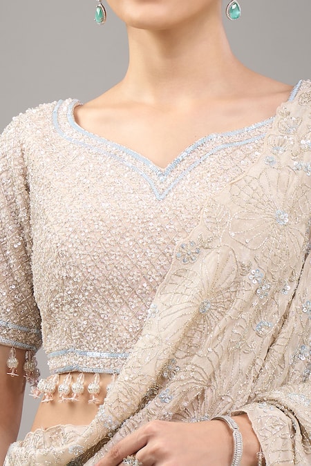 Buy_Kalighata_Gold Sequins, Tassels, Beads, Embroidery V-neck Lexis Saree Set 