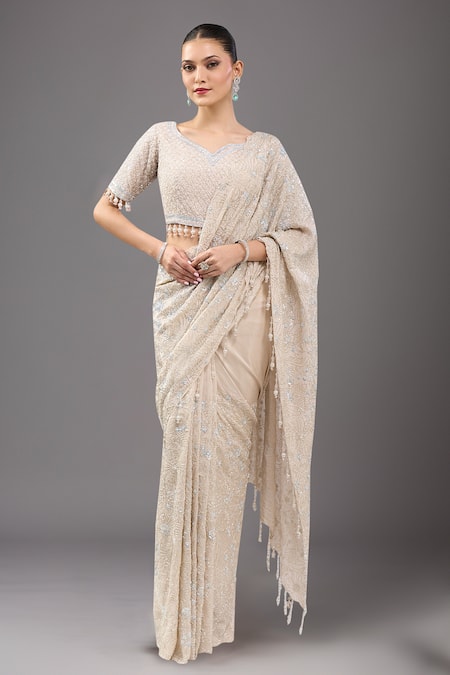 Kalighata Gold Sequins, Tassels, Beads, Embroidery V-neck Lexis Saree Set 