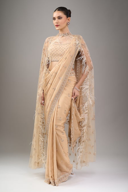 Kalighata_Gold Sequins, Beads Square Neck Long Cape Saree Set _Online_at_Aza_Fashions