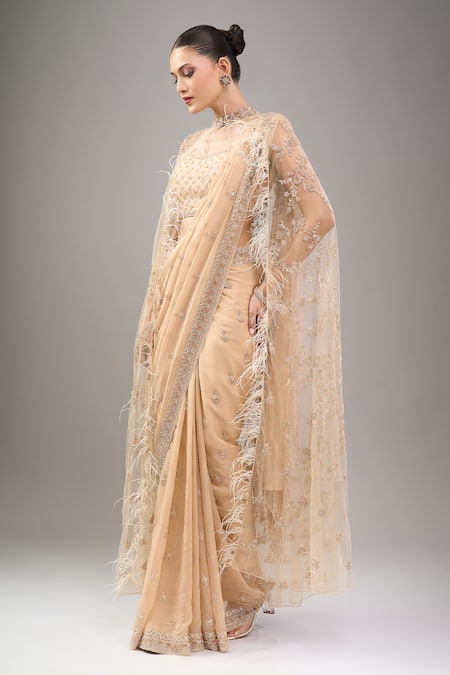 Buy_Kalighata_Gold Sequins, Beads Square Neck Long Cape Saree Set _Online_at_Aza_Fashions