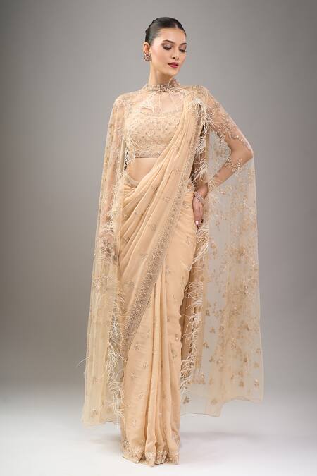 Shop_Kalighata_Gold Sequins, Beads Square Neck Long Cape Saree Set _Online_at_Aza_Fashions