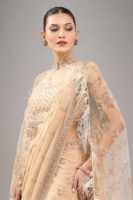 Kalighata_Gold Sequins, Beads Square Neck Long Cape Saree Set _at_Aza_Fashions