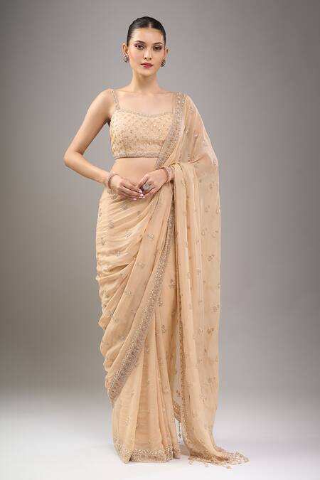 Buy_Kalighata_Gold Sequins, Beads Square Neck Long Cape Saree Set 
